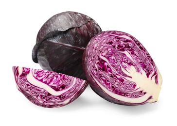Photo of Whole and cut red cabbages isolated on white