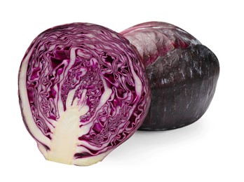 Photo of Whole and cut red cabbages isolated on white
