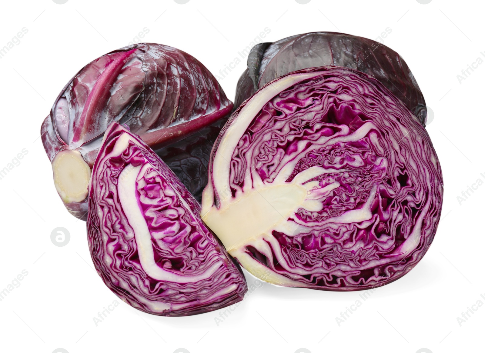 Whole and cut red cabbages isolated on white Photo of Whole and cut red cabbages isolated on white