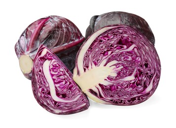 Photo of Whole and cut red cabbages isolated on white