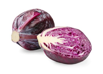 Photo of Whole and half of red cabbages isolated on white