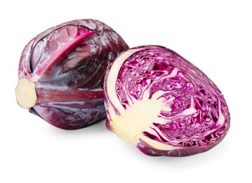 Photo of Whole and half of red cabbages isolated on white