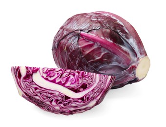 Photo of Whole and cut red cabbages isolated on white