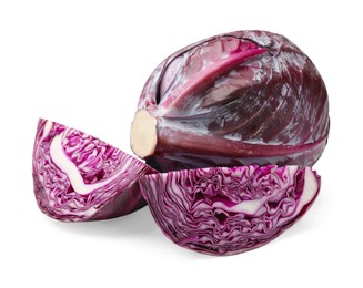 Photo of Whole and cut red cabbages isolated on white