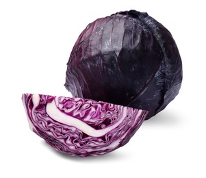 Photo of Whole and cut red cabbages isolated on white