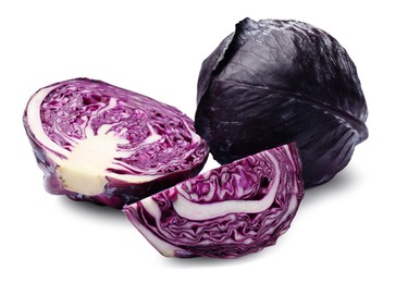 Photo of Whole and cut red cabbages isolated on white