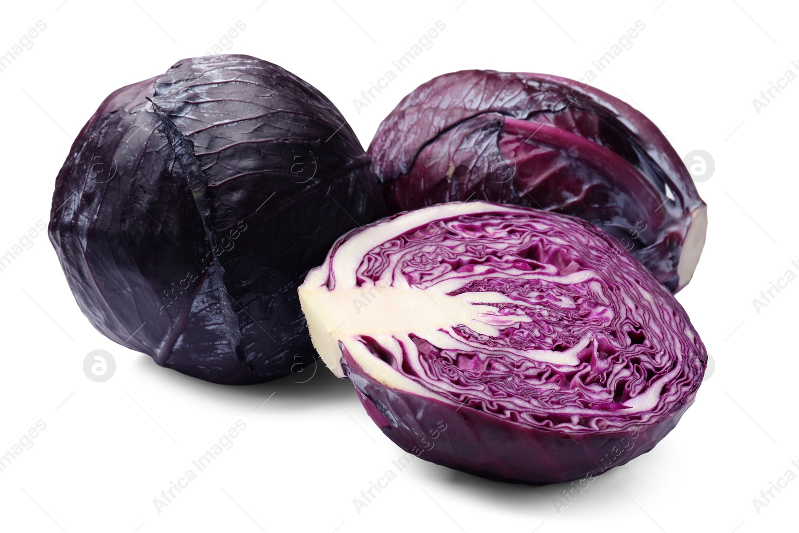Whole and half of red cabbages isolated on white Photo of Whole and half of red cabbages isolated on white
