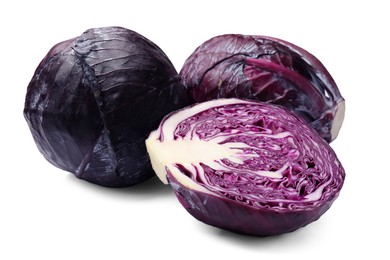Photo of Whole and half of red cabbages isolated on white