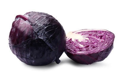 Photo of Whole and half of red cabbages isolated on white