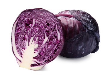 Photo of Whole and half of red cabbages isolated on white