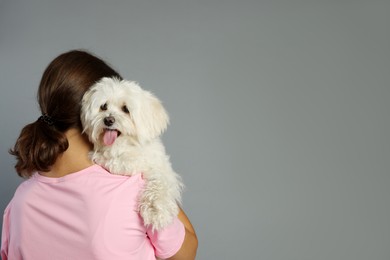 Photo of Happy teenage girl with Maltese dog on grey background, back view. Space for text