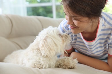 Photo of Happy teenage girl with cute Maltese dog on sofa at home