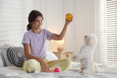 Photo of Happy teenage girl playing with cute Maltese dog on bed at home