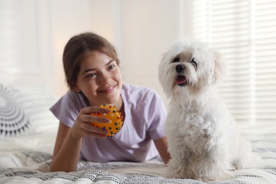 Photo of Happy teenage girl with cute Maltese dog on bed at home
