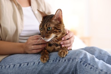 Photo of Woman with cute Bengal cat at home, closeup. Adorable pet