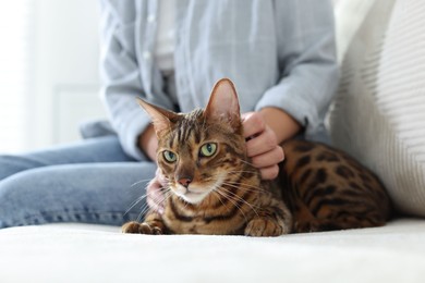 Photo of Woman with cute Bengal cat on sofa at home, closeup. Adorable pet