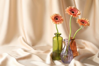 Photo of Beautiful gerbera flowers in glass vases on beige cloth, space for text