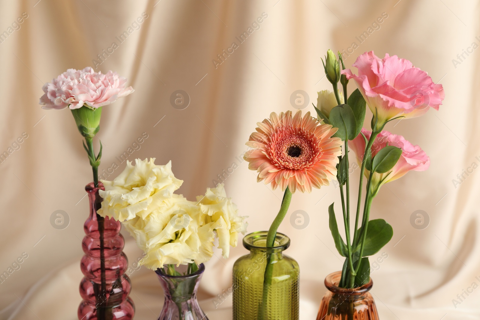 Photo of Beautiful flowers in glass vases against beige cloth, closeup