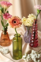 Photo of Beautiful flowers in glass vases on beige cloth, closeup