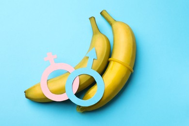 Photo of Sex education. Bananas with condom, paper female and male gender symbols on light blue background, top view
