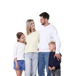 Photo of Happy parents and their children on white background. Family