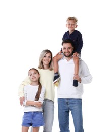 Photo of Family portrait of happy parents and their children on white background
