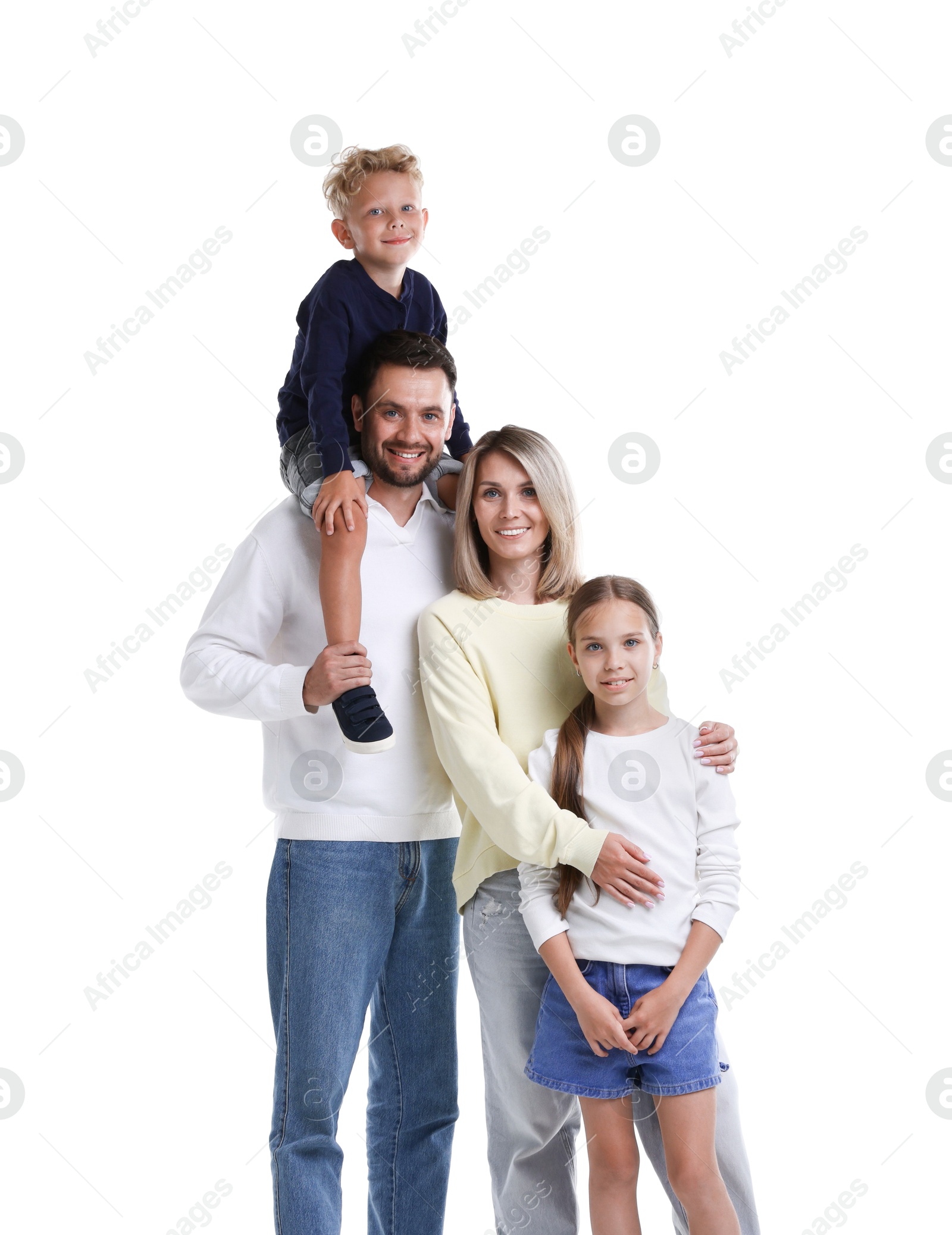 Family portrait of happy parents and their children on white background Photo of Family portrait of happy parents and their children on white background