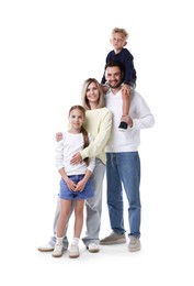 Photo of Happy parents and their children on white background. Family