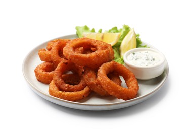 Photo of Fried squid rings, lemon, lettuce and sauce isolated on white