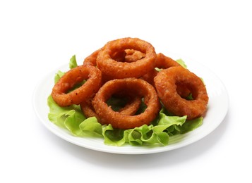 Photo of Fried squid rings and lettuce isolated on white