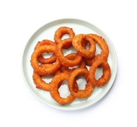Photo of Fried squid rings isolated on white, top view