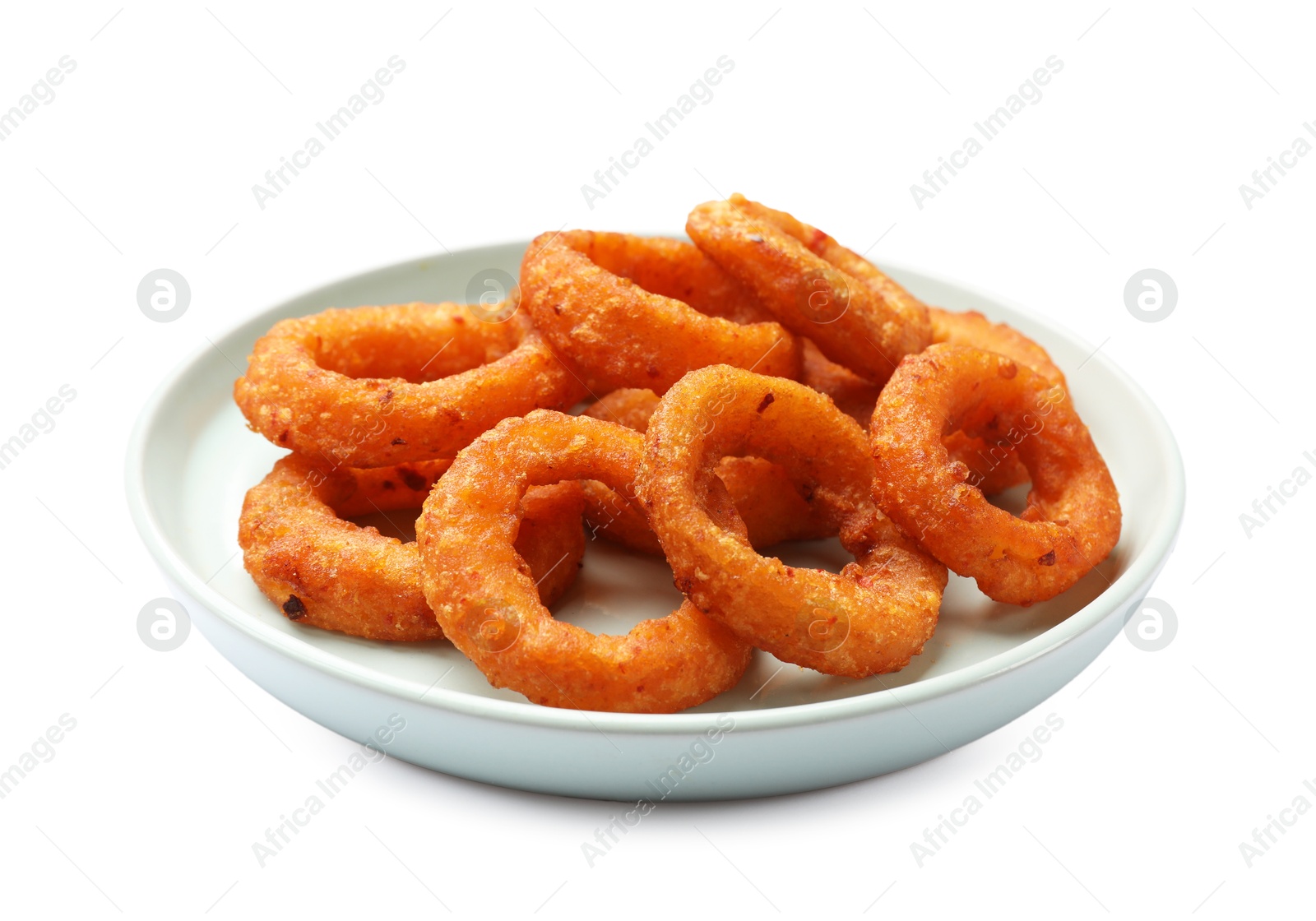 Fried squid rings isolated on white. Tasty fast food Photo of Fried squid rings isolated on white. Tasty fast food