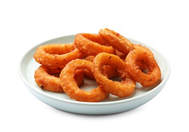 Photo of Fried squid rings isolated on white. Tasty fast food