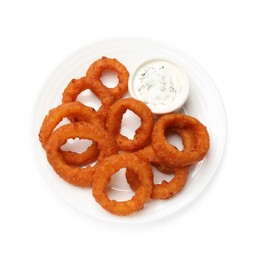 Photo of Fried squid rings and sauce isolated on white, top view