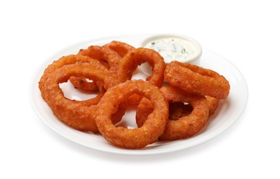 Photo of Fried squid rings and sauce isolated on white