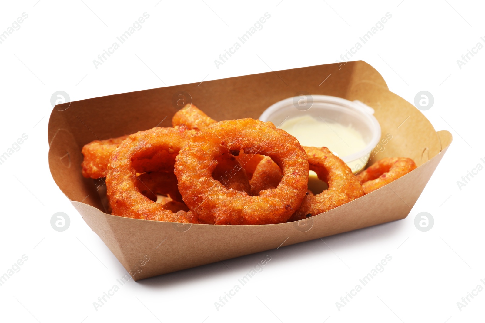 Fried squid rings and sauce in cardboard box isolated on white Photo of Fried squid rings and sauce in cardboard box isolated on white