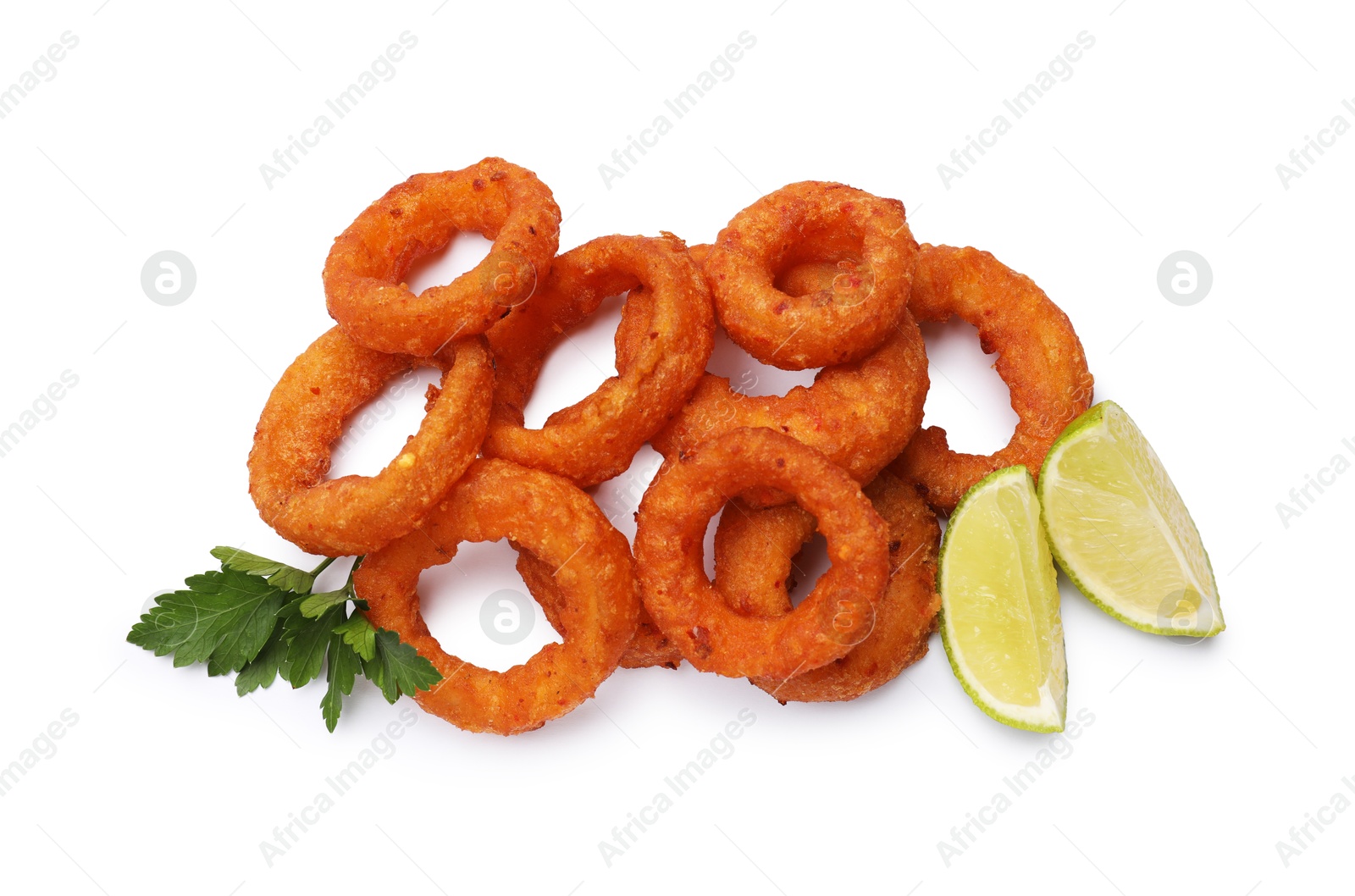Fried squid rings, lime and parsley isolated on white, top view Photo of Fried squid rings, lime and parsley isolated on white, top view