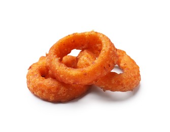 Photo of Fried squid rings isolated on white. Tasty fast food