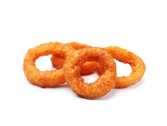 Photo of Fried squid rings isolated on white. Tasty fast food