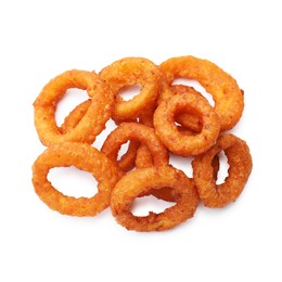 Photo of Fried squid rings isolated on white, top view