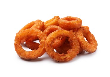 Photo of Fried squid rings isolated on white. Tasty fast food