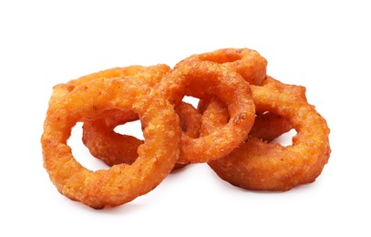 Photo of Fried squid rings isolated on white. Tasty fast food
