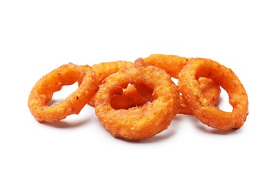 Photo of Fried squid rings isolated on white. Tasty fast food