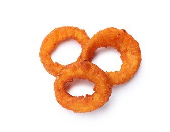 Photo of Fried squid rings isolated on white, top view