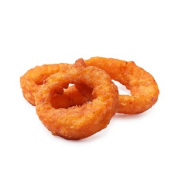 Photo of Fried squid rings isolated on white. Tasty fast food