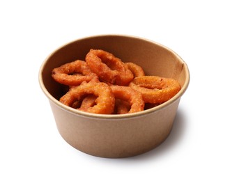 Photo of Fried squid rings in cardboard box isolated on white
