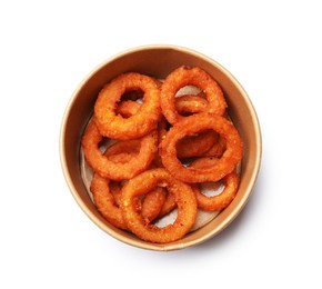 Photo of Fried squid rings in cardboard box isolated on white, top view