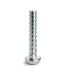 Photo of One metal bolt isolated on white. Hardware tool
