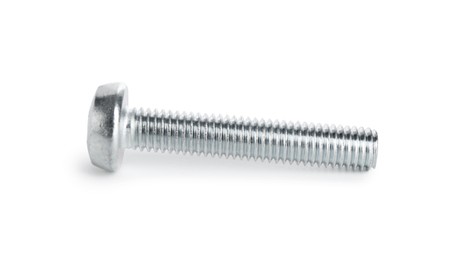 Photo of One metal bolt isolated on white. Hardware tool