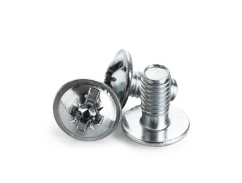 Photo of Three metal bolts isolated on white. Hardware tool